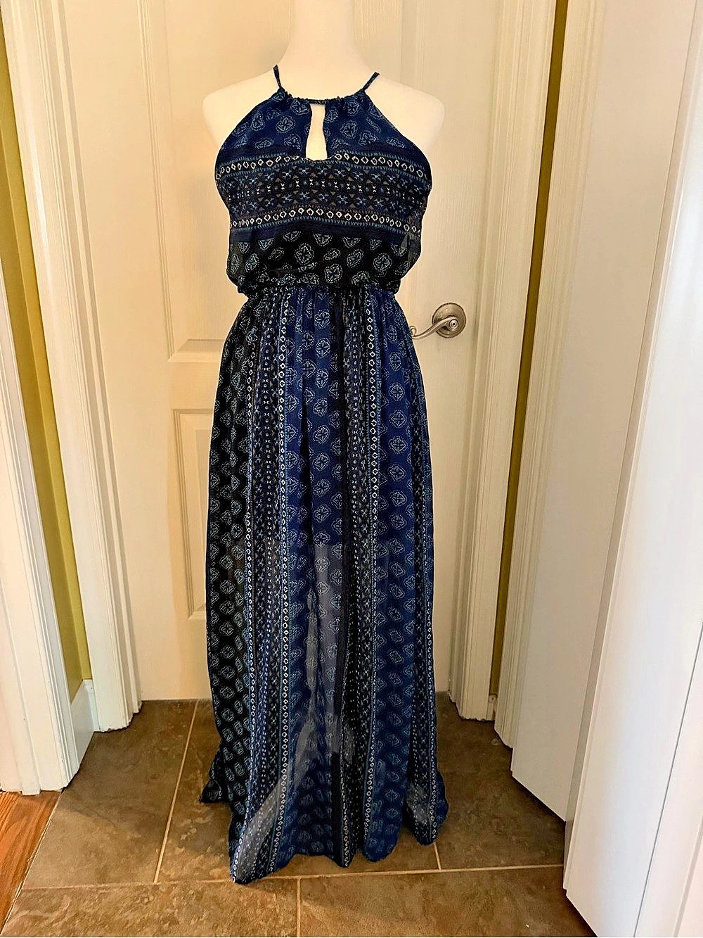 Women's Geometric Maxi Dress in Blue & Black